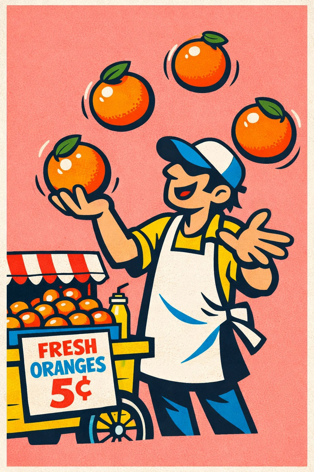 Example output from the Dynamic Pop Art Cartoon Characters ChatGPT prompt: a bold retro pop-art cartoon of a street vendor juggling oranges at a fruit cart, with clean vector linework and print texture on a pink background.