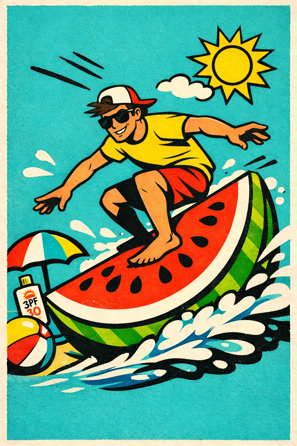 Example output from the Dynamic Pop Art Cartoon Characters ChatGPT prompt: a bold retro pop-art cartoon of a surfer, with clean vector linework and print texture on a solid color background.