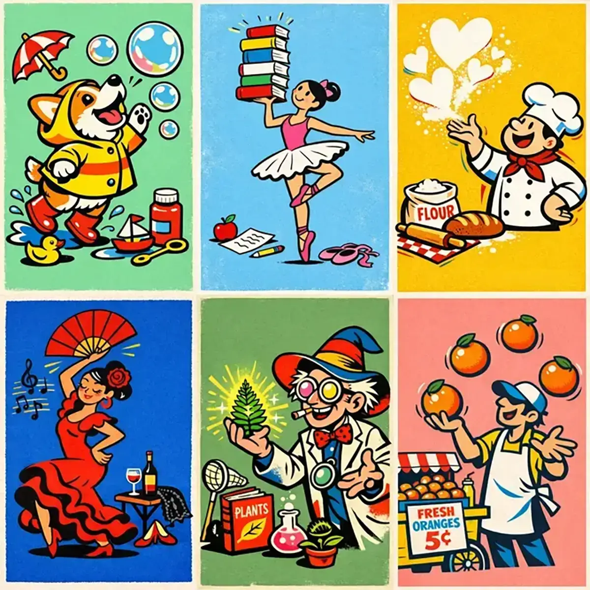 Example output from the Dynamic Pop Art Cartoon Characters ChatGPT prompt: a grid of bold retro 1950s-style pop-art cartoon characters with clean vector linework, bold color blocks and print textures on solid color backgrounds — a corgi in a raincoat, a book-balancing ballet dancer, a baker, a flamenco dancer, a botanist and an orange-juggling street vendor.