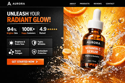 Example output from the Ecommerce Website Hero Section Designs ChatGPT prompt: a modern ecommerce hero section for 'Aurora', a vitamin C serum brand — dark layout with an orange splash product shot, stat call-outs and a 'Get Started' CTA.