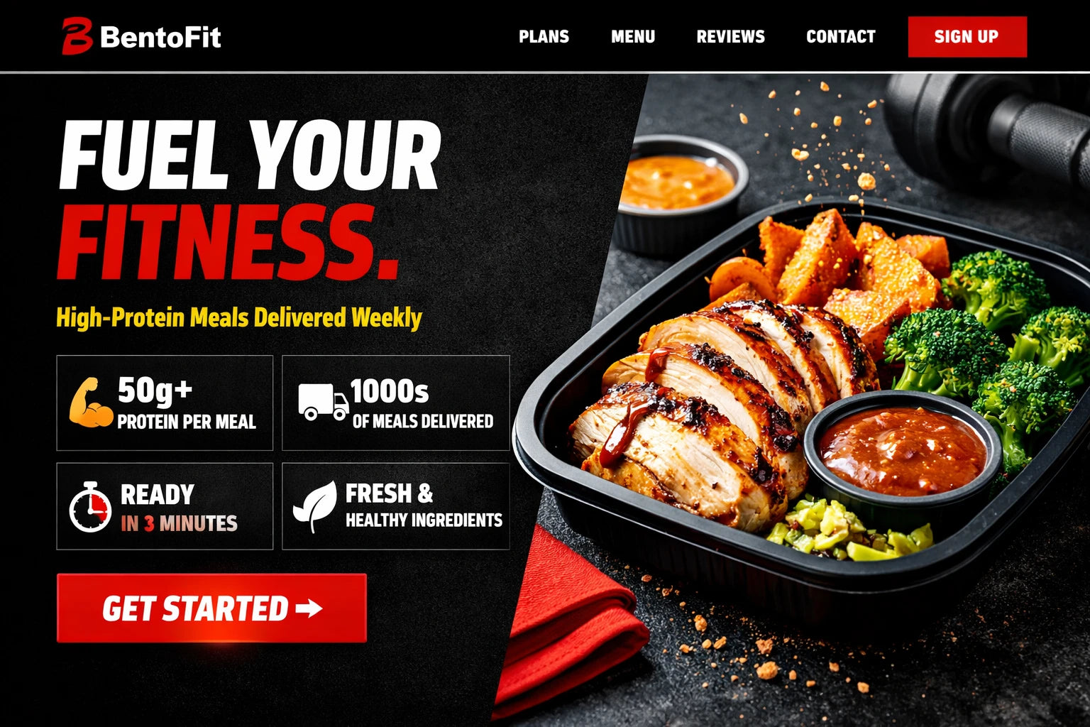 Example output from the Ecommerce Website Hero Section Designs ChatGPT prompt: a modern ecommerce hero section for 'BentoFit' with a bold headline, stat call-outs, a CTA button and product imagery.