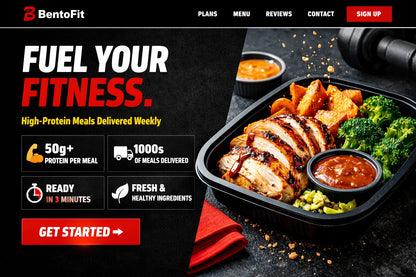 Example output from the Ecommerce Website Hero Section Designs ChatGPT prompt: a modern ecommerce hero section for 'BentoFit' with a bold headline, stat call-outs, a CTA button and product imagery.