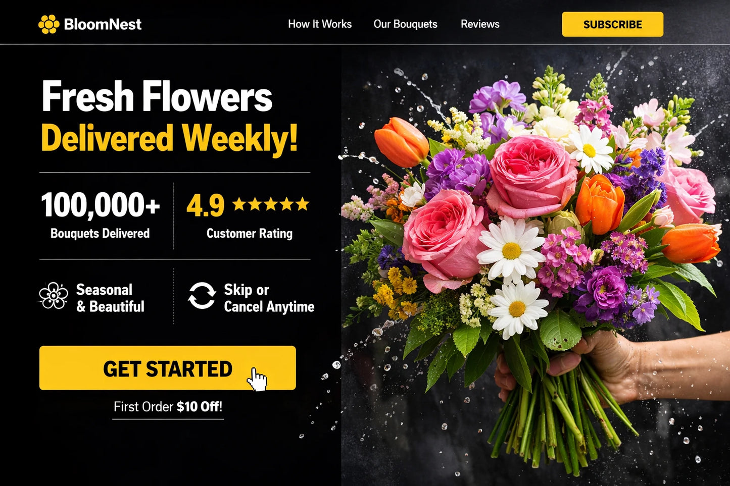 Example output from the Ecommerce Website Hero Section Designs ChatGPT prompt: a modern ecommerce hero section for 'BloomNest', a weekly flower delivery service — with a bouquet image, rating stats and a 'Get Started' CTA.
