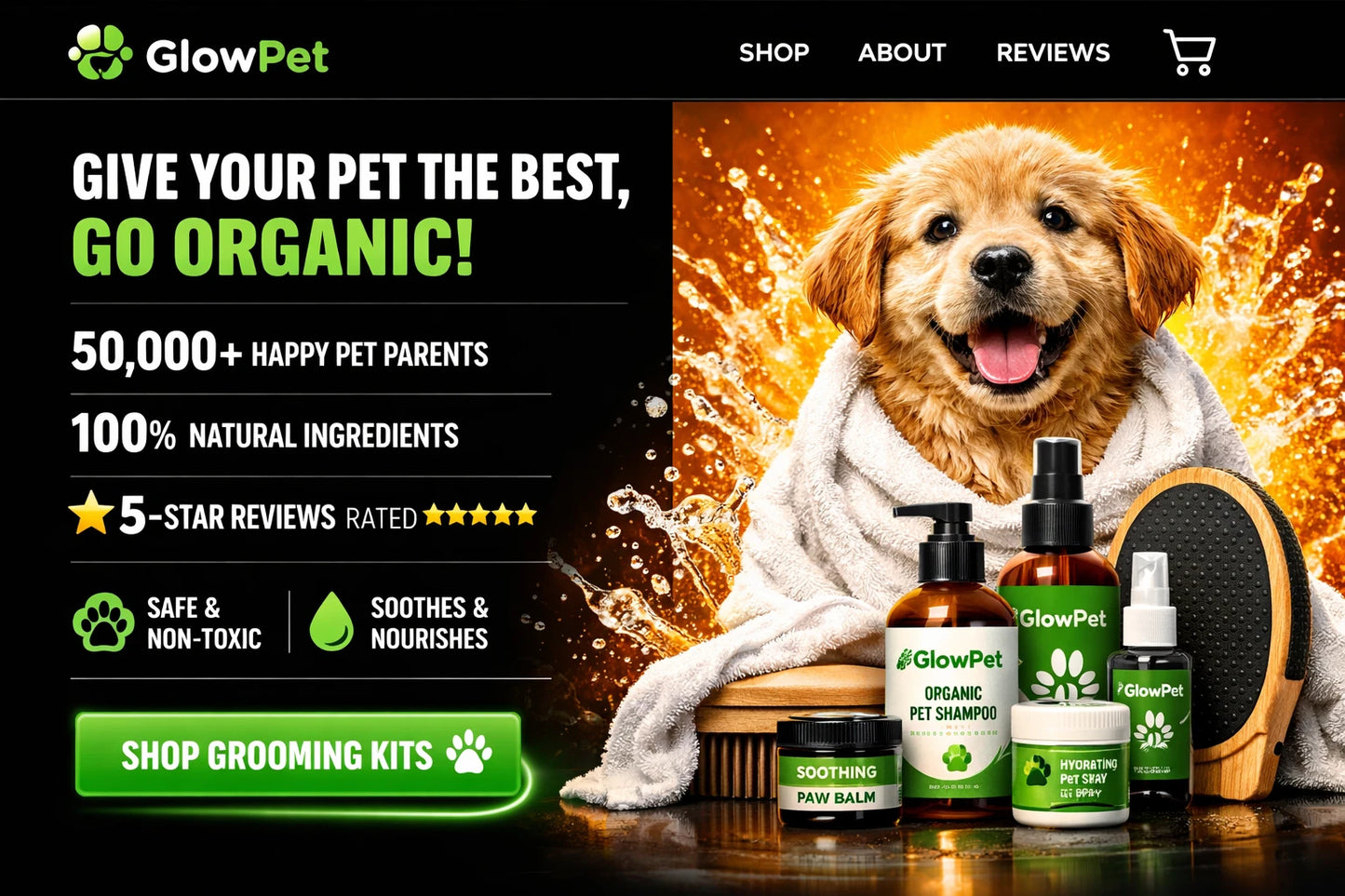 Example output from the Ecommerce Website Hero Section Designs ChatGPT prompt: a modern ecommerce hero section for 'GlowPet', an organic pet-grooming brand — with a golden retriever, product bottles, stats and a shop CTA.