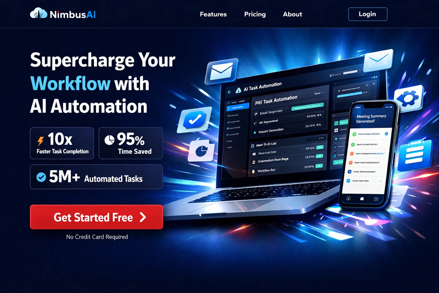 Example output from the Ecommerce Website Hero Section Designs ChatGPT prompt: a modern ecommerce hero section for 'NimbusAI', an AI automation tool — dark blue layout with app screenshots, stat call-outs and a 'Get Started Free' CTA.