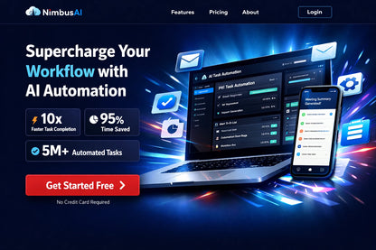 Example output from the Ecommerce Website Hero Section Designs ChatGPT prompt: a modern ecommerce hero section for 'NimbusAI', an AI automation tool — dark blue layout with app screenshots, stat call-outs and a 'Get Started Free' CTA.