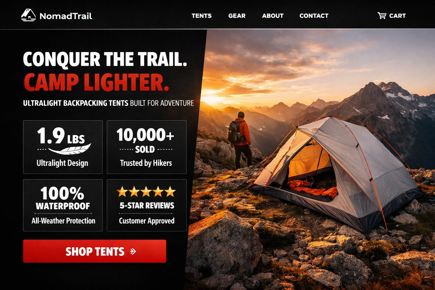 Example output from the Ecommerce Website Hero Section Designs ChatGPT prompt: a modern ecommerce hero section for 'NomadTrail' with a bold headline, stat call-outs, a CTA button and product imagery.