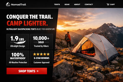 Example output from the Ecommerce Website Hero Section Designs ChatGPT prompt: a modern ecommerce hero section for 'NomadTrail' with a bold headline, stat call-outs, a CTA button and product imagery.