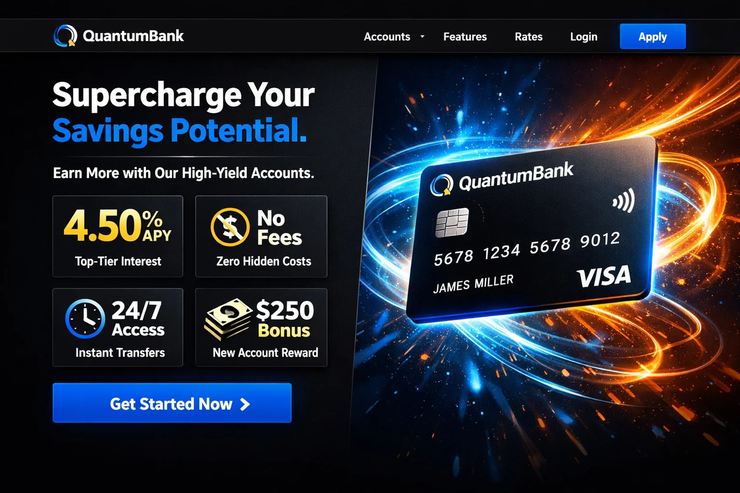 Example output from the Ecommerce Website Hero Section Designs ChatGPT prompt: a modern ecommerce hero section for 'QuantumBank', a digital bank — with a high-yield savings card, rate stats and a CTA button.