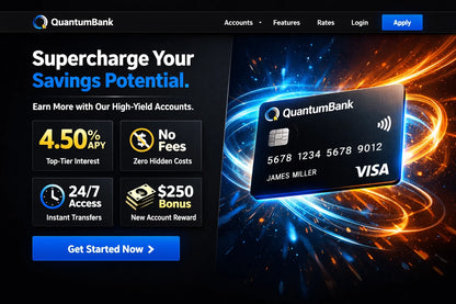 Example output from the Ecommerce Website Hero Section Designs ChatGPT prompt: a modern ecommerce hero section for 'QuantumBank', a digital bank — with a high-yield savings card, rate stats and a CTA button.