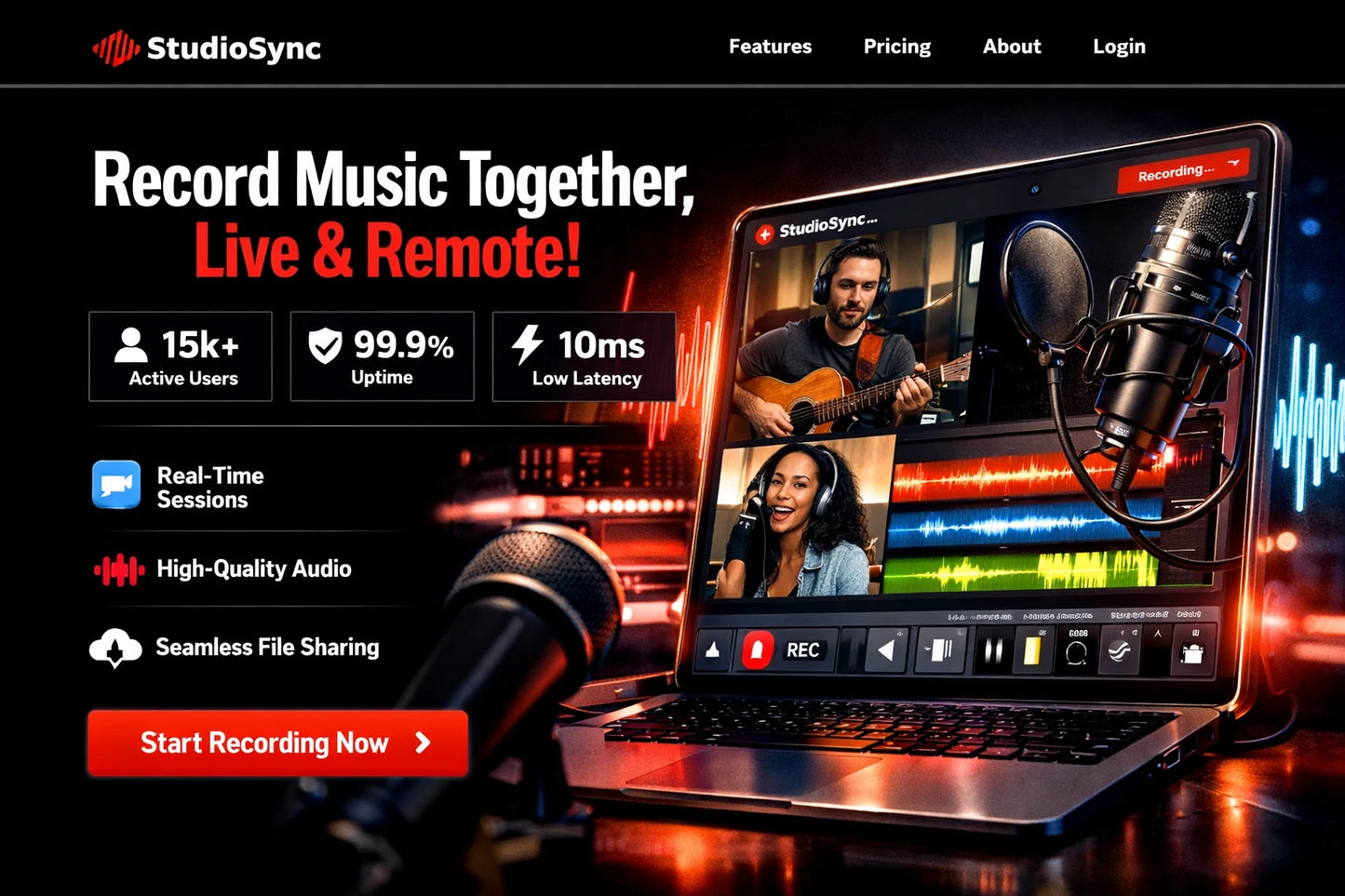 Example output from the Ecommerce Website Hero Section Designs ChatGPT prompt: a modern ecommerce hero section for 'StudioSync', a remote music-recording app — with a laptop and microphone, usage stats and a 'Start Recording' CTA.