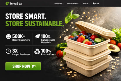Example output from the Ecommerce Website Hero Section Designs ChatGPT prompt: a modern ecommerce hero section for 'TerraBox' with a bold headline, stat call-outs, a CTA button and product imagery.