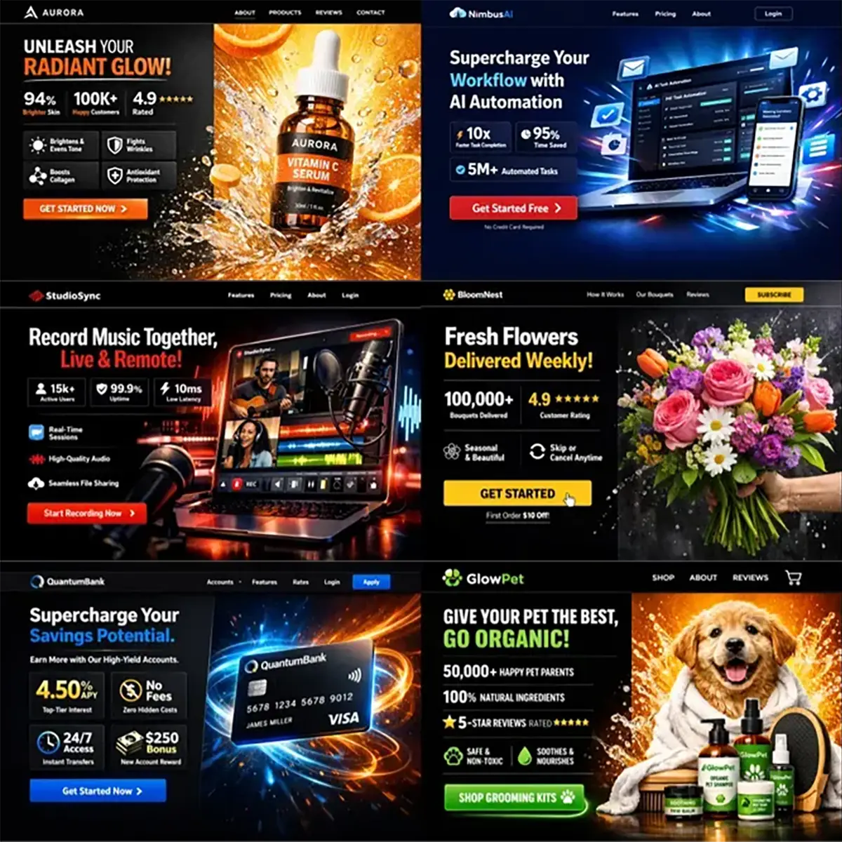 Example output from the Ecommerce Website Hero Section Designs ChatGPT prompt: a grid of sleek, modern ecommerce landing-page hero sections with bold headlines, stat call-outs, CTA buttons and product imagery — for a vitamin C serum brand, an AI automation tool, a music-studio app, a flower delivery service, a digital bank and a pet-grooming brand.