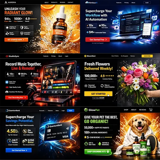 Example output from the Ecommerce Website Hero Section Designs ChatGPT prompt: a grid of sleek, modern ecommerce landing-page hero sections with bold headlines, stat call-outs, CTA buttons and product imagery — for a vitamin C serum brand, an AI automation tool, a music-studio app, a flower delivery service, a digital bank and a pet-grooming brand.