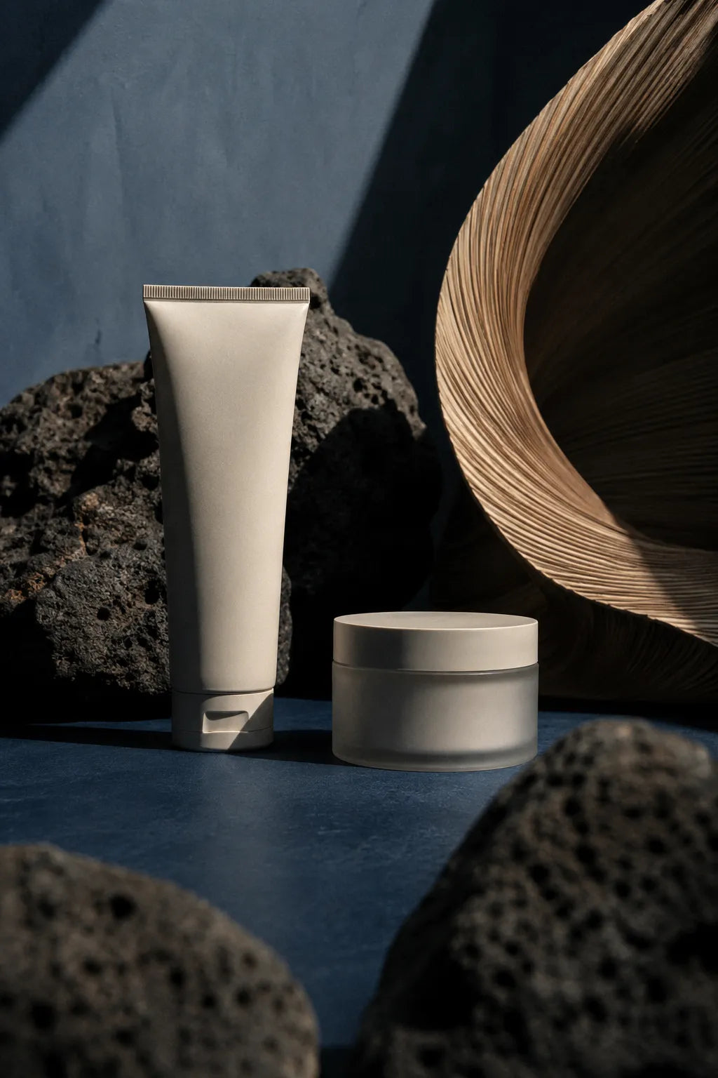 Example output from the Editorial Beauty Product Photos ChatGPT prompt: a luxury editorial skincare product photo with dramatic sunlight, sculptural shadows and a refined minimalist bottle-and-jar composition in muted tones.