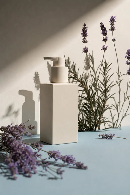 Example output from the Editorial Beauty Product Photos ChatGPT prompt: a luxury editorial skincare product photo with a frosted bottle and jar, dramatic sunlight and sculptural shadows on a plum backdrop with dried petals.