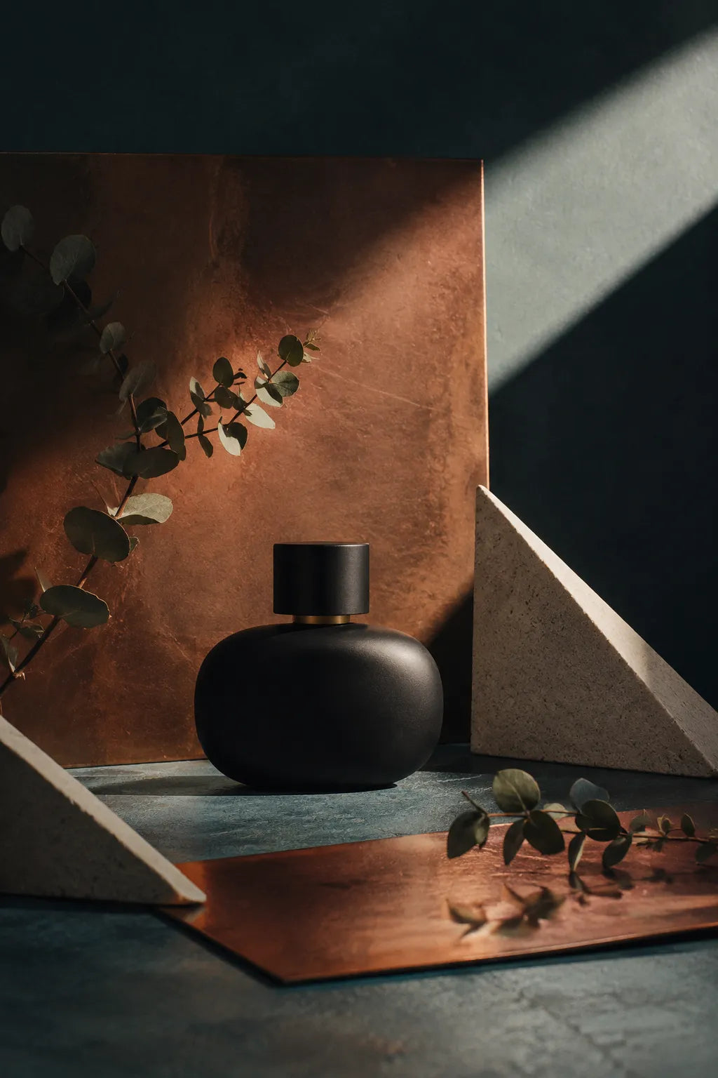 Example output from the Editorial Beauty Product Photos ChatGPT prompt: a luxury editorial skincare product photo with a pump bottle, lavender and dramatic sunlight casting geometric shadows in soft muted tones.