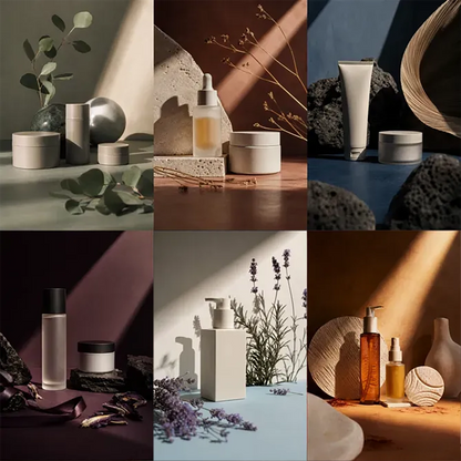 Example output from the Editorial Beauty Product Photos ChatGPT prompt: a set of luxury editorial skincare and cosmetics product photos with dramatic sunlight and sculptural shadows — minimalist jars, bottles and tubes styled with eucalyptus, lavender, stones and dried botanicals in muted, moody tones.