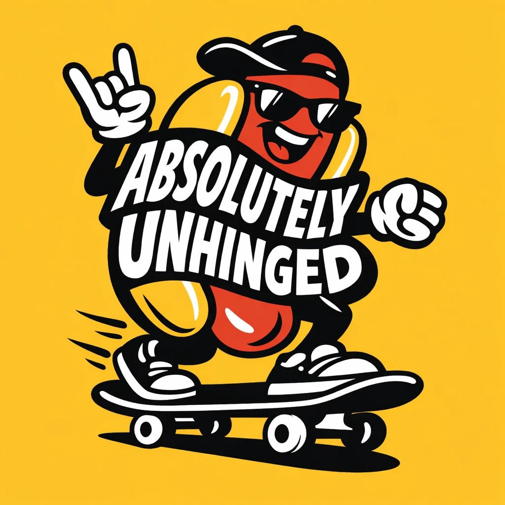 Editorial brand mascot illustration featuring bold cartoon characters with integrated typography, flat vector-style colors, strong silhouettes, and expressive attitudes for branding and merch: Absolutely Unhinged