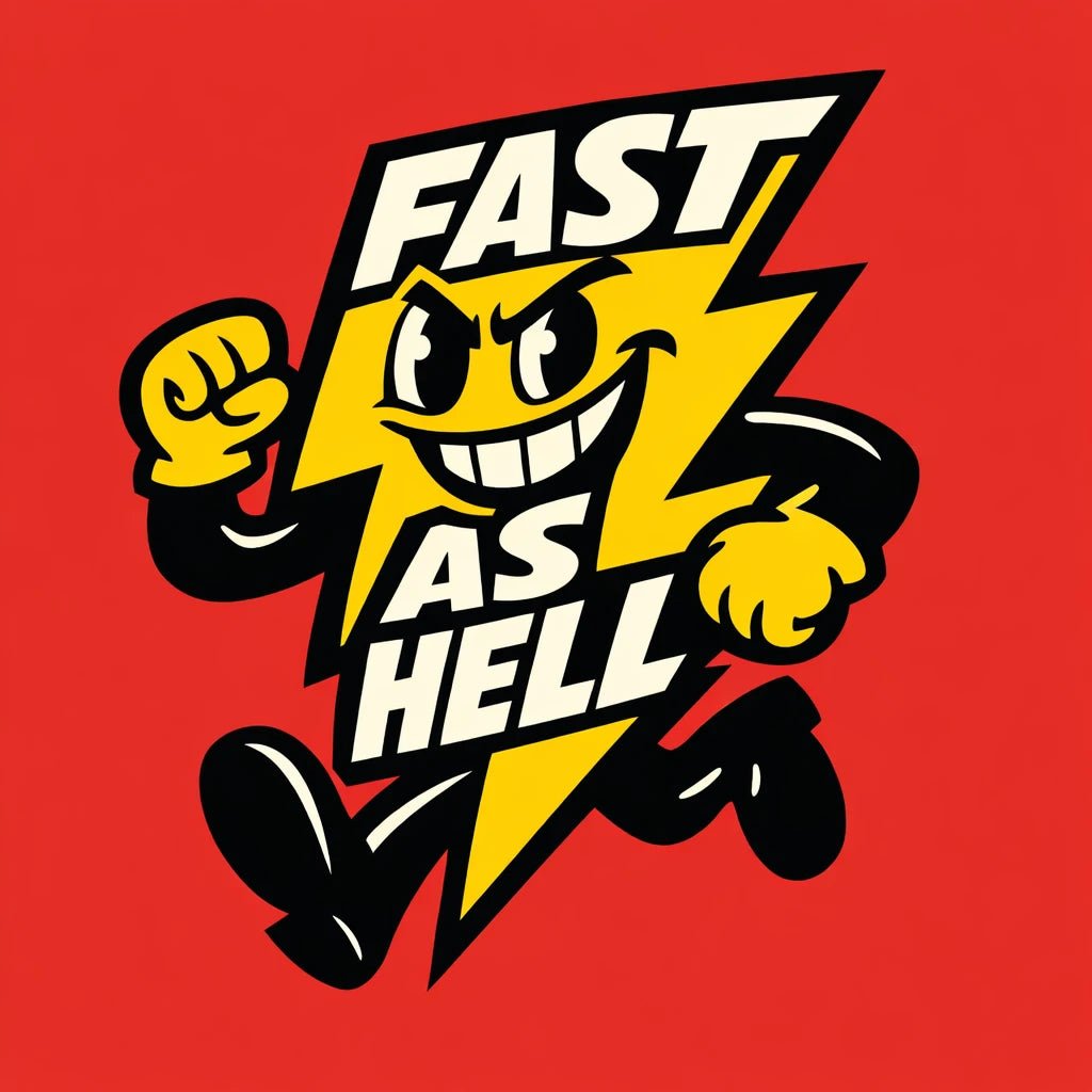 Editorial brand mascot illustration featuring bold cartoon characters with integrated typography, flat vector-style colors, strong silhouettes, and expressive attitudes for branding and merch: Fast as Hell