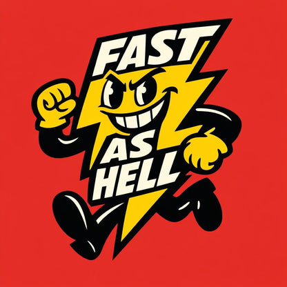Editorial brand mascot illustration featuring bold cartoon characters with integrated typography, flat vector-style colors, strong silhouettes, and expressive attitudes for branding and merch: Fast as Hell