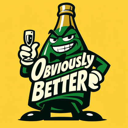 Editorial brand mascot illustration featuring bold cartoon characters with integrated typography, flat vector-style colors, strong silhouettes, and expressive attitudes for branding and merch: Obviously Better
