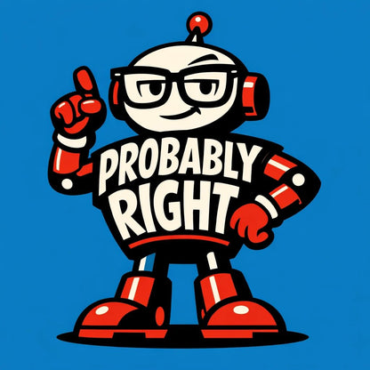Editorial brand mascot illustration featuring bold cartoon characters with integrated typography, flat vector-style colors, strong silhouettes, and expressive attitudes for branding and merch: Probably Right