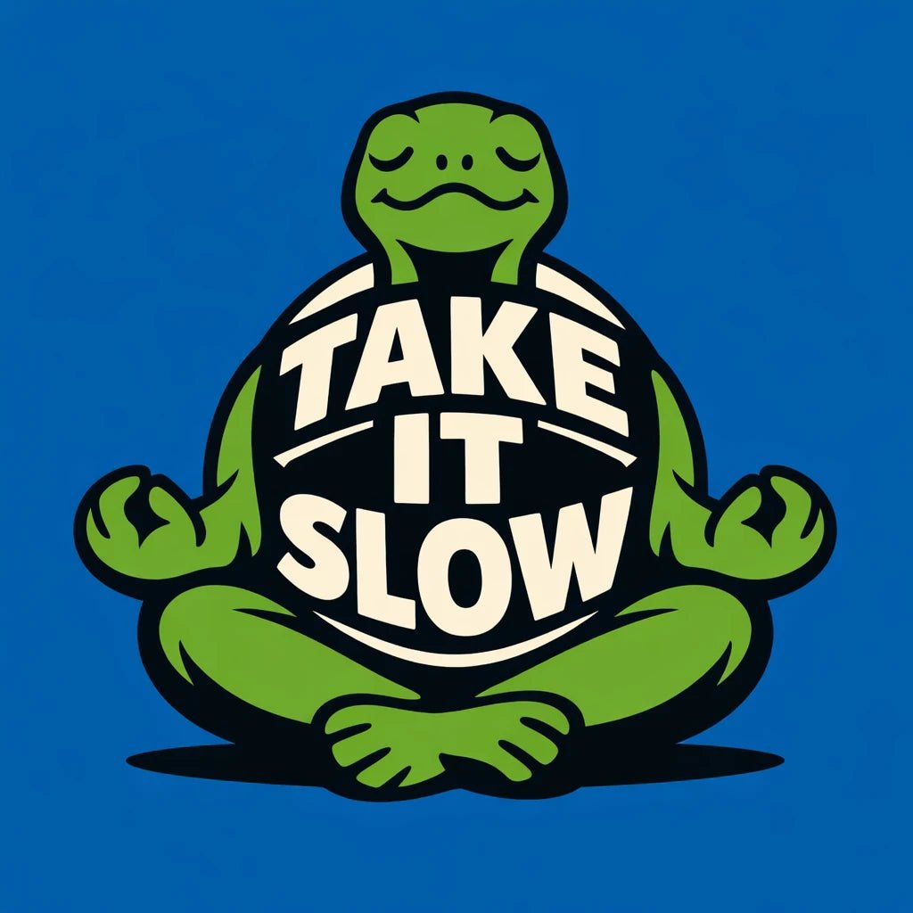 Editorial brand mascot illustration featuring bold cartoon characters with integrated typography, flat vector-style colors, strong silhouettes, and expressive attitudes for branding and merch: Take it Slow
