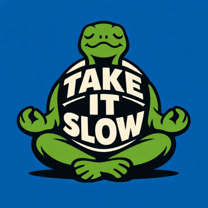 Editorial brand mascot illustration featuring bold cartoon characters with integrated typography, flat vector-style colors, strong silhouettes, and expressive attitudes for branding and merch: Take it Slow
