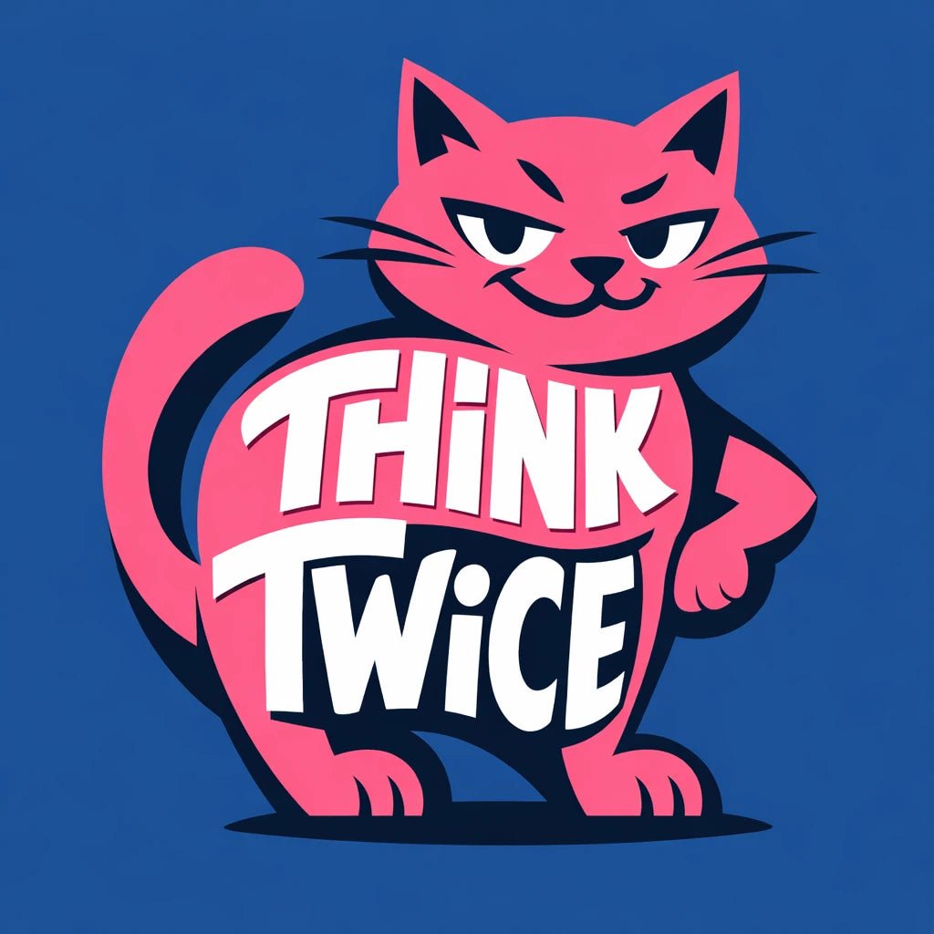 Editorial brand mascot illustration featuring bold cartoon characters with integrated typography, flat vector-style colors, strong silhouettes, and expressive attitudes for branding and merch: Think Twice