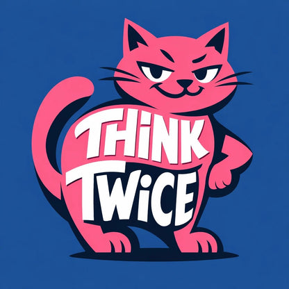 Editorial brand mascot illustration featuring bold cartoon characters with integrated typography, flat vector-style colors, strong silhouettes, and expressive attitudes for branding and merch: Think Twice