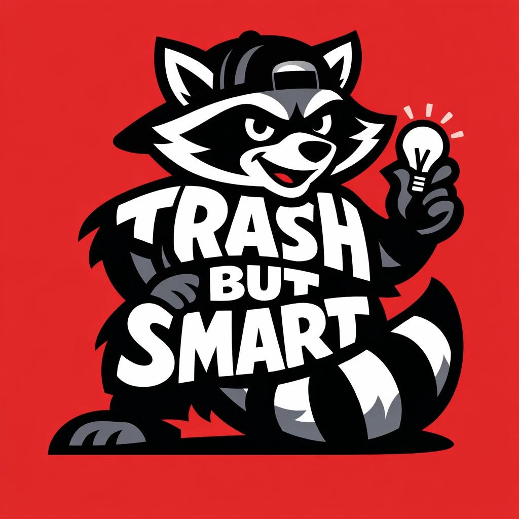 Editorial brand mascot illustration featuring bold cartoon characters with integrated typography, flat vector-style colors, strong silhouettes, and expressive attitudes for branding and merch: Trash but Smart
