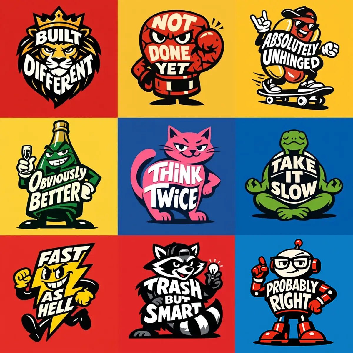 Collage of 9 Editorial brand mascot illustrations featuring bold cartoon characters with integrated typography, flat vector-style colors, strong silhouettes, and expressive attitudes for branding and merch