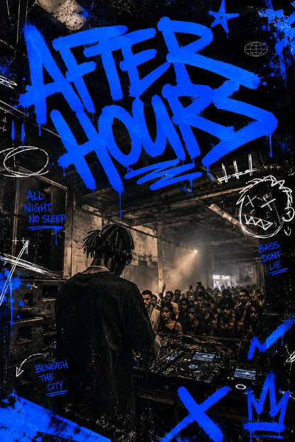 Example output from the Editorial Graffiti Photo Posters ChatGPT prompt: a poster reading After Hours in blue graffiti lettering over a photo of a DJ facing a packed underground crowd.