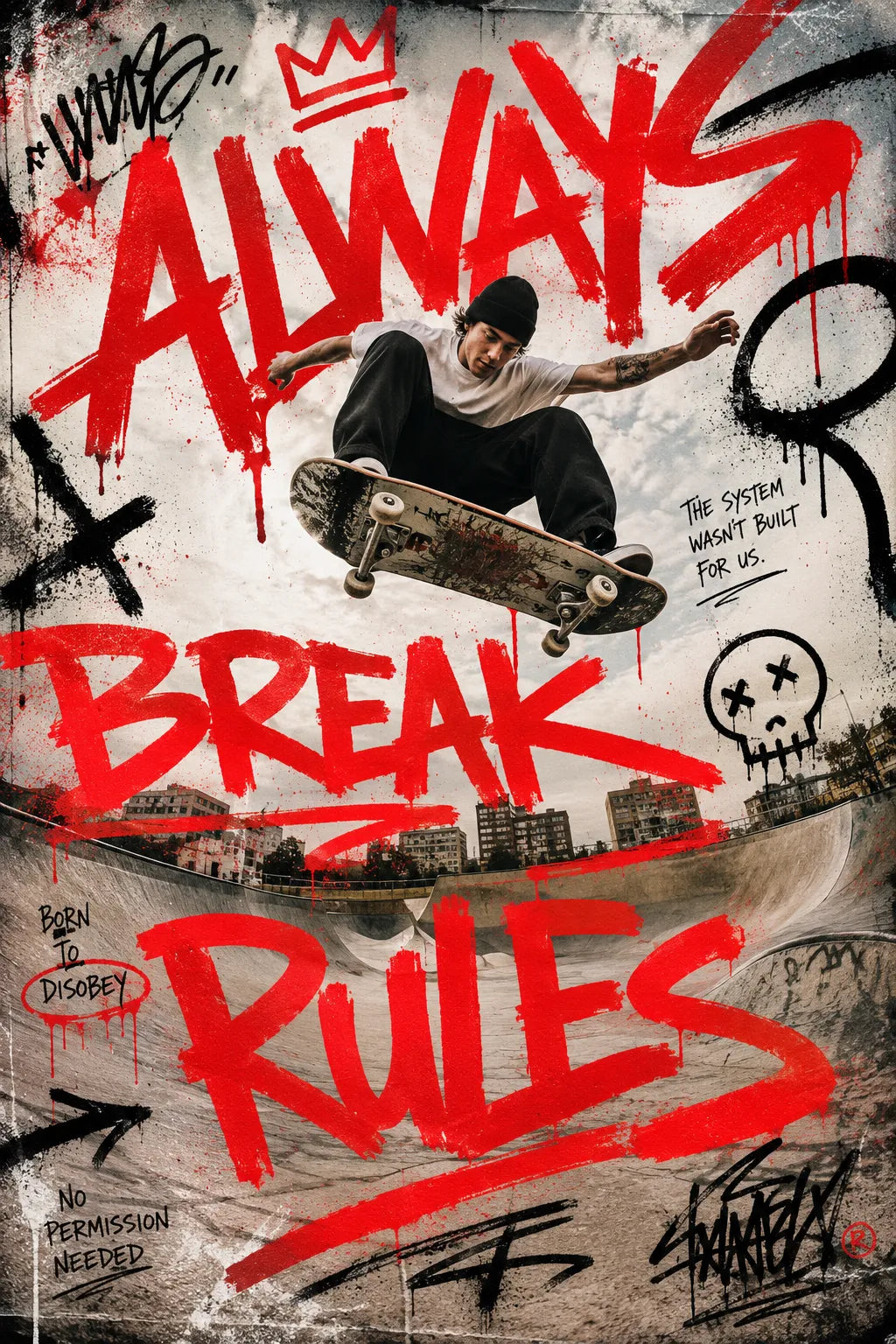 Example output from the Editorial Graffiti Photo Posters ChatGPT prompt: a poster reading Always Break Rules in dripping red spray lettering over a photo of a skateboarder mid-air in a concrete bowl.