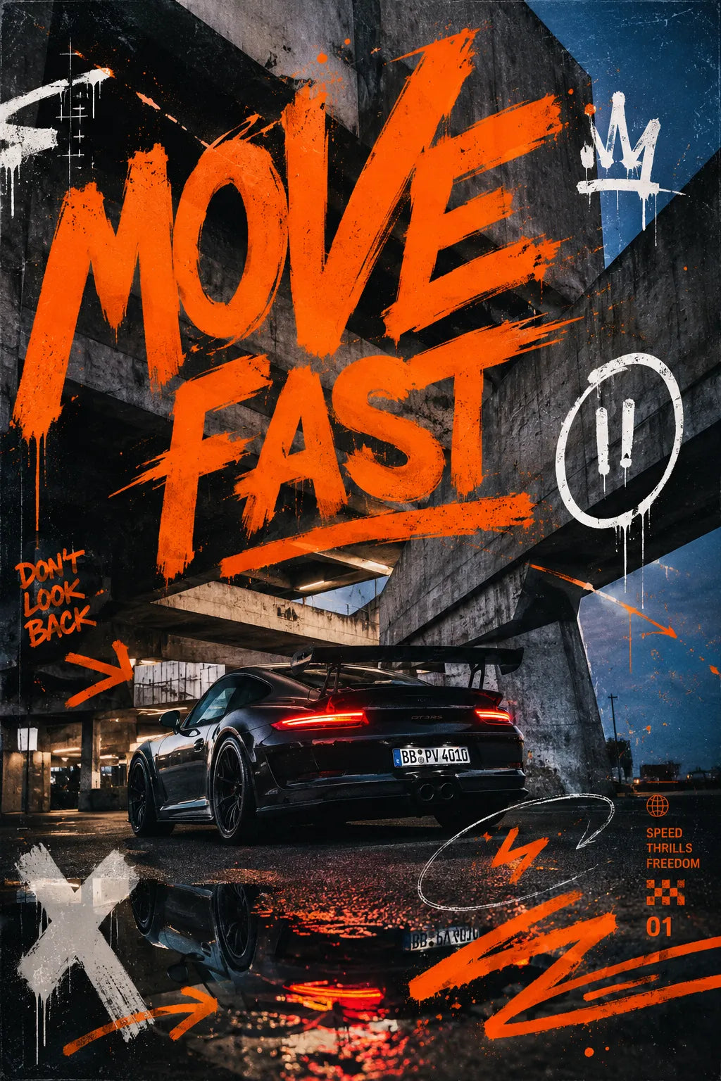Example output from the Editorial Graffiti Photo Posters ChatGPT prompt: a poster reading Move Fast in orange spray lettering over a night photo of a sports car under a concrete underpass.