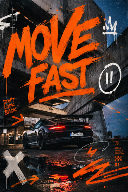 Example output from the Editorial Graffiti Photo Posters ChatGPT prompt: a poster reading Move Fast in orange spray lettering over a night photo of a sports car under a concrete underpass.