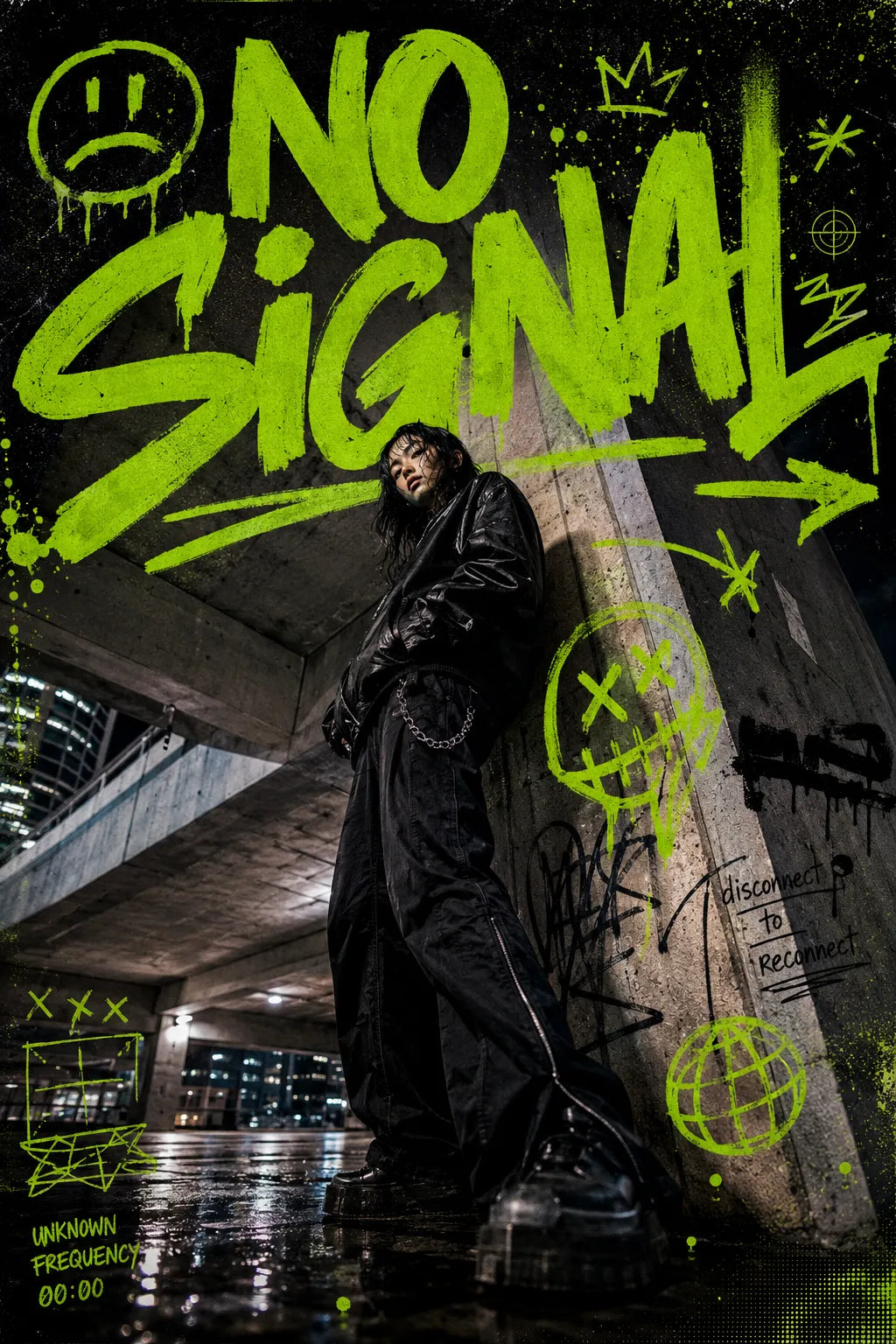 Example output from the Editorial Graffiti Photo Posters ChatGPT prompt: a poster reading No Signal in acid green graffiti lettering over a night photo of a figure under a concrete overpass.
