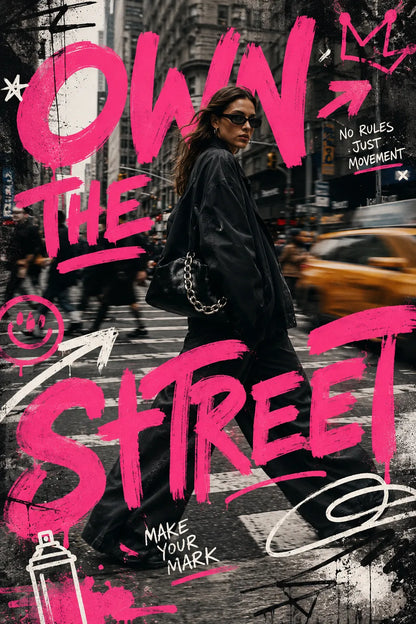 Example output from the Editorial Graffiti Photo Posters ChatGPT prompt: a poster reading Own The Street in pink brush lettering over a photo of a woman crossing a busy city street.