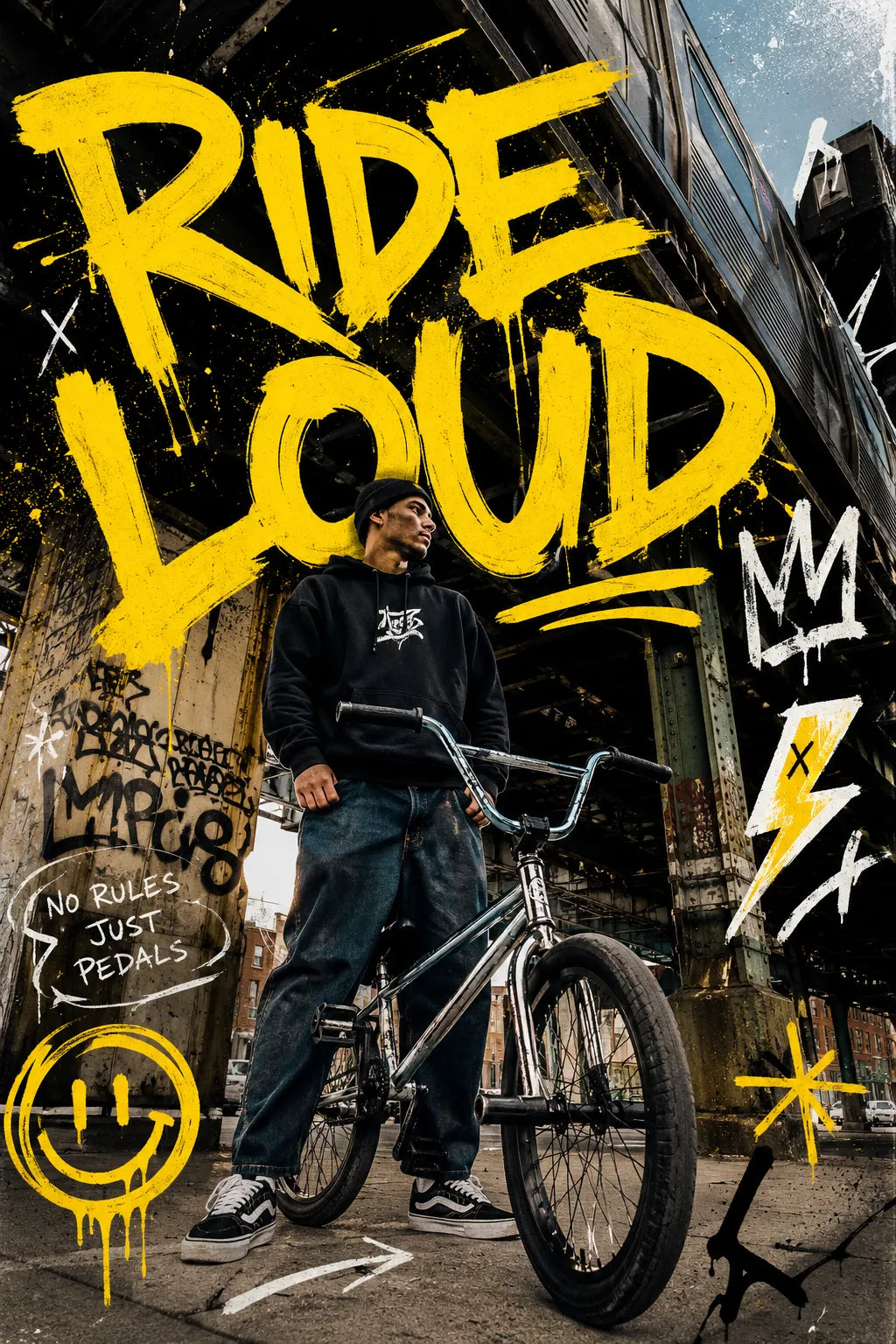 Example output from the Editorial Graffiti Photo Posters ChatGPT prompt: a poster reading Ride Loud in yellow graffiti lettering over a photo of a BMX rider under a graffiti-covered bridge.