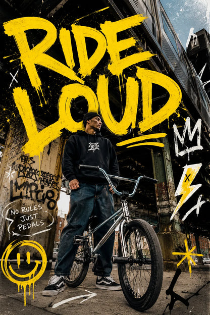 Example output from the Editorial Graffiti Photo Posters ChatGPT prompt: a poster reading Ride Loud in yellow graffiti lettering over a photo of a BMX rider under a graffiti-covered bridge.