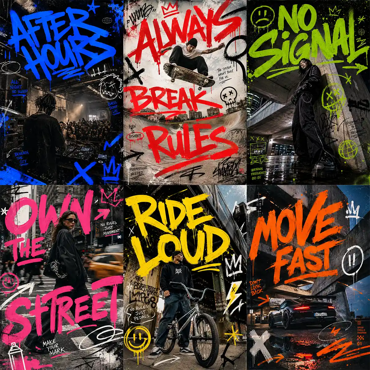 Example output from the Editorial Graffiti Photo Posters ChatGPT prompt: a six-poster grid of editorial photo posters overlaid with expressive spray-paint lettering in blue, red, green, pink, yellow and orange, covering nightlife, skate, street and motorsport scenes.