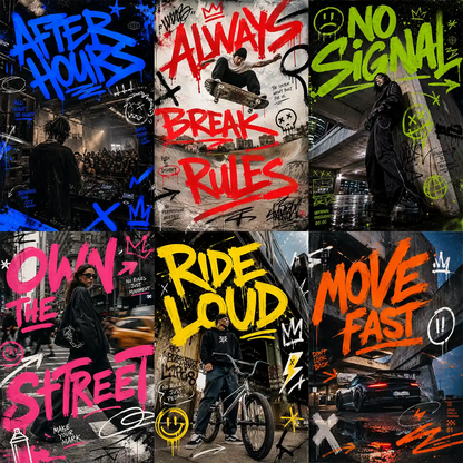 Example output from the Editorial Graffiti Photo Posters ChatGPT prompt: a six-poster grid of editorial photo posters overlaid with expressive spray-paint lettering in blue, red, green, pink, yellow and orange, covering nightlife, skate, street and motorsport scenes.