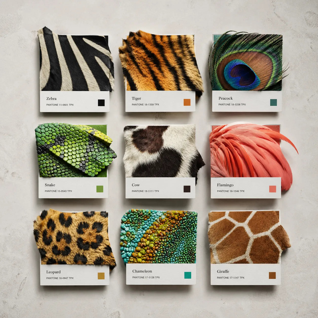 Example output from the Editorial Pantone Fragment Grids ChatGPT prompt: a Pantone-style color grid themed 'Animals', with swatches made from real animal-pattern fragments (zebra, tiger, leopard, snake and more), printed color chips and Swiss-style labels on a neutral background.