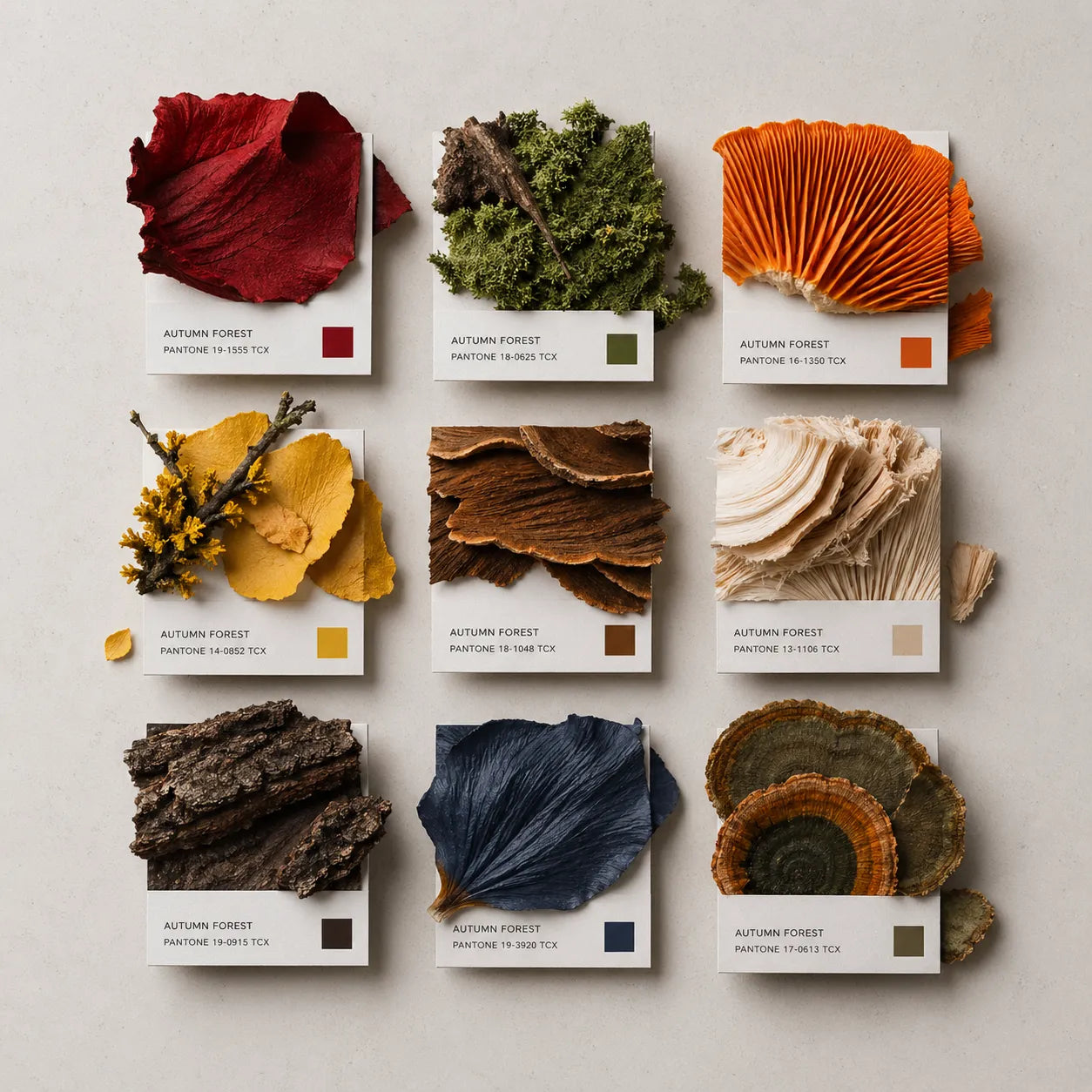Example output from the Editorial Pantone Fragment Grids ChatGPT prompt: a Pantone-style color grid themed 'Autumn Forest', with swatches made from real leaf, bark, moss and mushroom fragments in autumn tones, printed color chips and Swiss-style labels on a neutral background.
