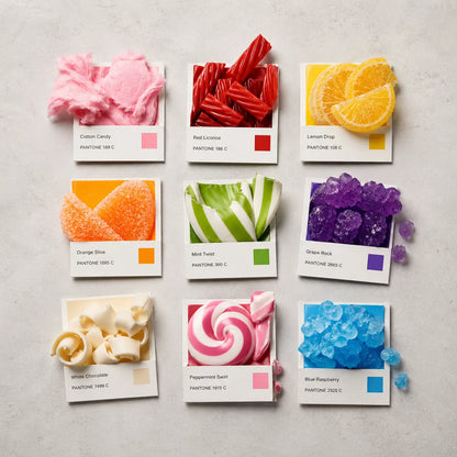 Example output from the Editorial Pantone Fragment Grids ChatGPT prompt: a Pantone-style color grid themed 'Candies', with swatches made from real candy and confection fragments, printed color chips and Swiss-style labels on a neutral background.