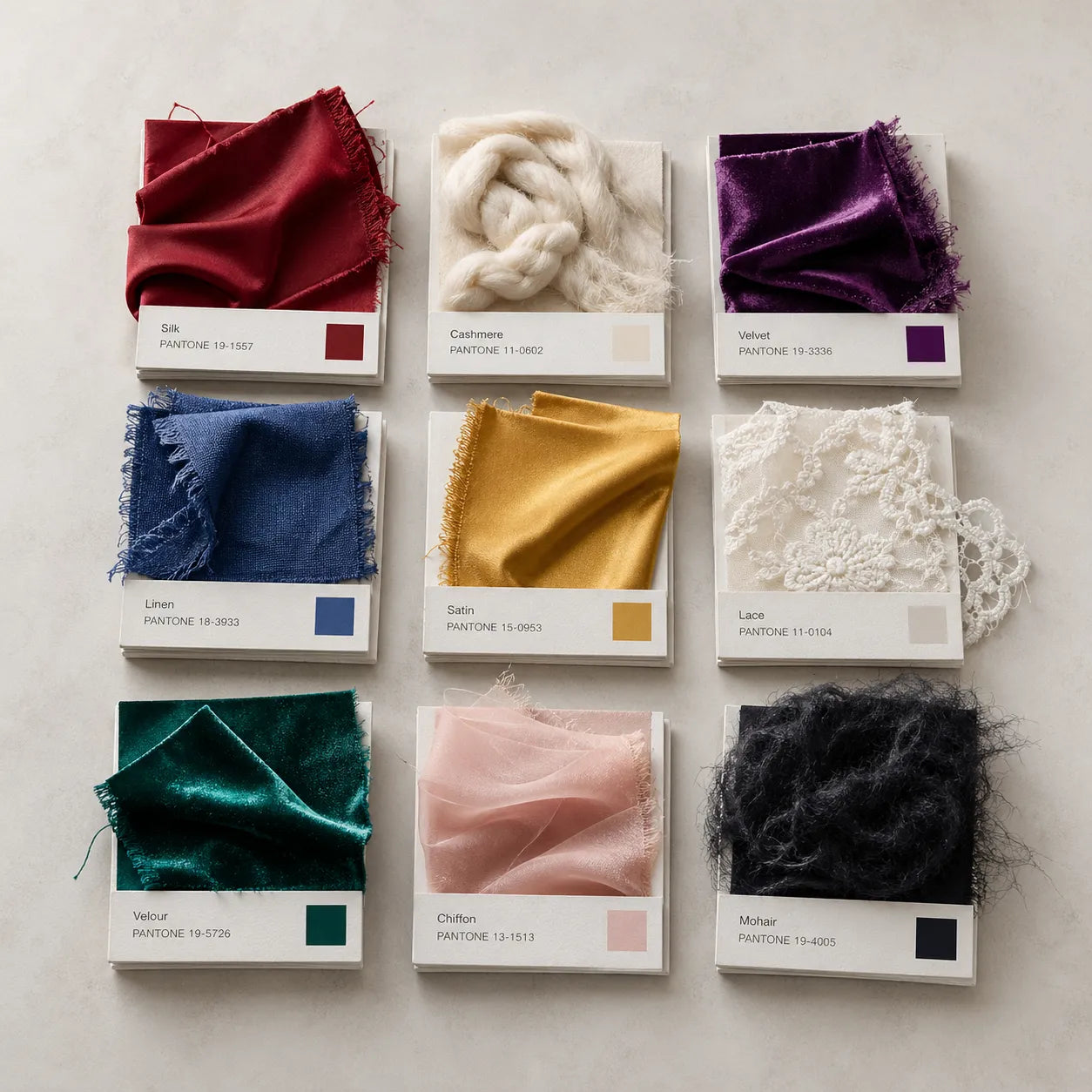 Example output from the Editorial Pantone Fragment Grids ChatGPT prompt: a Pantone-style color grid themed 'Fabrics', with swatches made from real fabric and textile fragments, printed color chips and Swiss-style labels on a neutral background.
