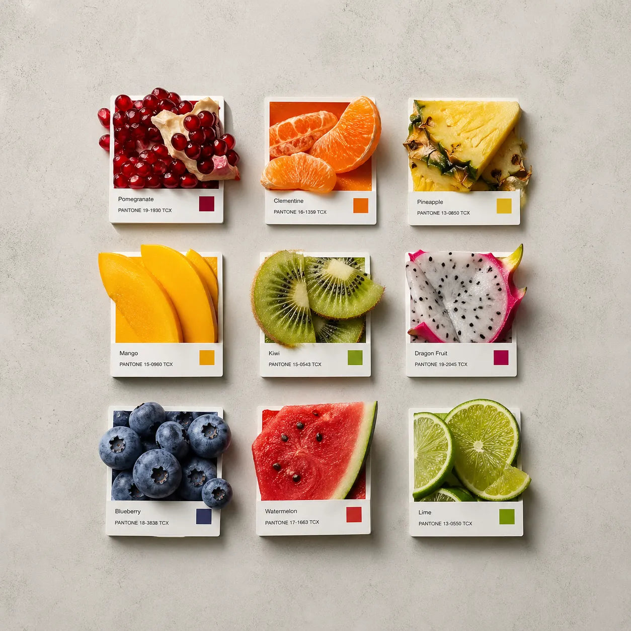 Example output from the Editorial Pantone Fragment Grids ChatGPT prompt: a Pantone-style color grid themed 'Fruits', with swatches made from real fruit fragments (pomegranate, mango, kiwi, watermelon and more), printed color chips and Swiss-style labels on a neutral background.
