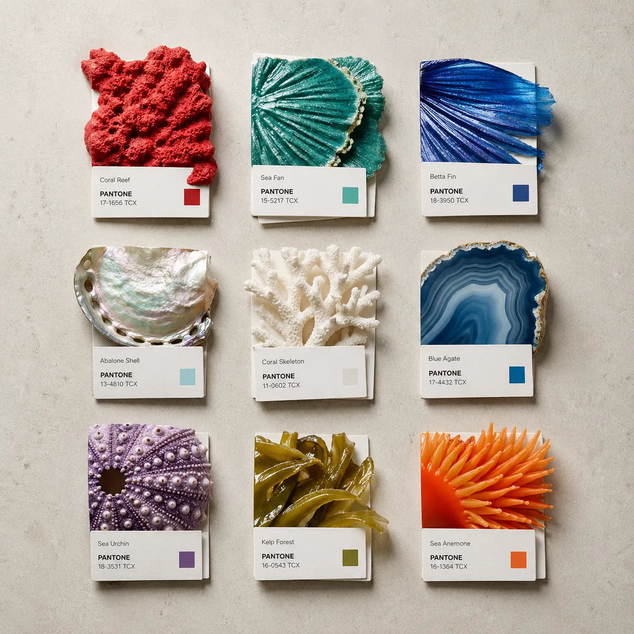 Example output from the Editorial Pantone Fragment Grids ChatGPT prompt: a Pantone-style color grid themed 'Ocean Life', with swatches made from real shell, coral and agate fragments, printed color chips and Swiss-style labels on a neutral background.