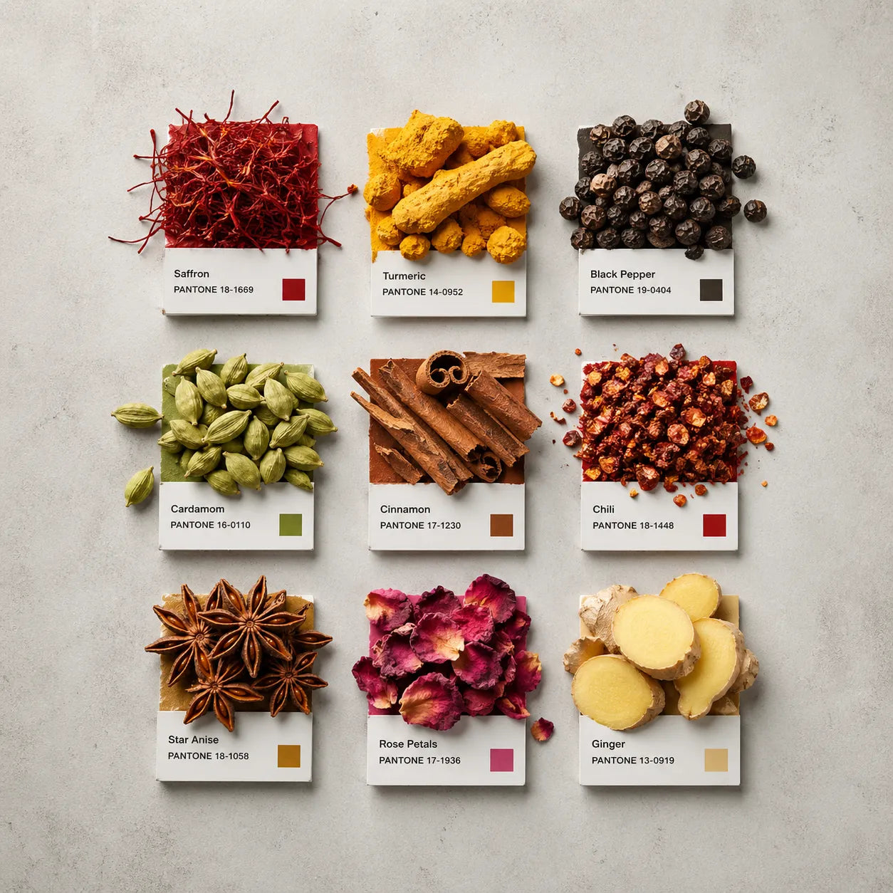 Example output from the Editorial Pantone Fragment Grids ChatGPT prompt: a Pantone-style color grid themed 'Spices', with swatches made from real spice fragments (saffron, turmeric, cinnamon, star anise, ginger and more), printed color chips and Swiss-style labels on a neutral background.